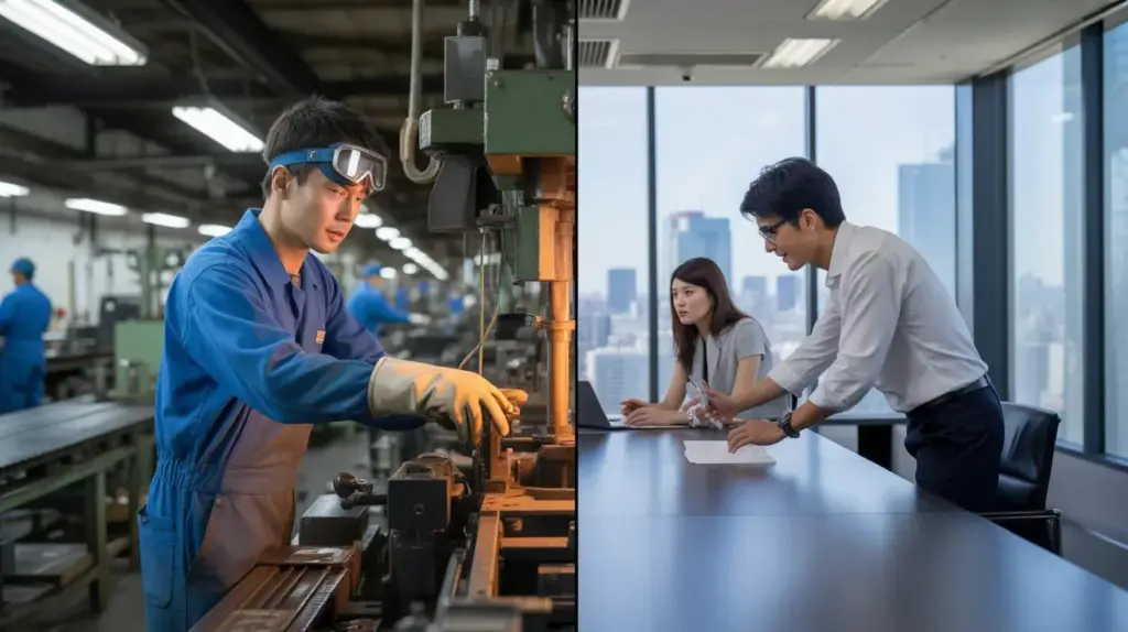 特定技能1号と技能実習の違いを表す日本で働く外国人の比較イメージ